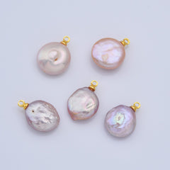 18K Gold Filled Natural White Freshwater Pearl Flat Round Charm, Freshwater Flat Baroque Pearl Charm Pendant, CP2187