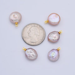 18K Gold Filled Natural White Freshwater Pearl Flat Round Charm, Freshwater Flat Baroque Pearl Charm Pendant, CP2187