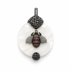 Crystal CZ Mother of Pearl Shell Pendant with Interchangeable Bail, Pave CZ Bee Evil Eye Fly Charm, Statement Jewelry, Gift for Her, CP2508