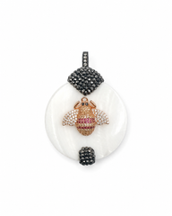Crystal CZ Mother of Pearl Shell Pendant with Interchangeable Bail, Pave CZ Bee Evil Eye Fly Charm, Statement Jewelry, Gift for Her, CP2508