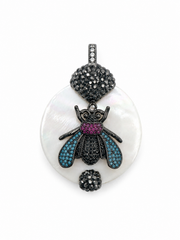 Crystal CZ Mother of Pearl Shell Pendant with Interchangeable Bail, Pave CZ Bee Evil Eye Fly Charm, Statement Jewelry, Gift for Her, CP2508