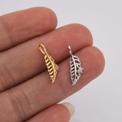 18K Gold Filled Gold Feather Charm Pendant, CZ Micro Pave Feather/Leaf Charms, 17X6MM I CP386