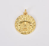 18K Gold Filled Bee Pendant, Bee Necklace, Silver Bee Necklace, Gold Medal Pendant, Pave Findings, Gold Medallion, DIY, Jewelry Making, 25x20mm, CP507