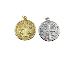 18K Gold Filled Saint Benedict Medallion Pendant, San Benito Charm, Religious Pendants, Carved -Whitegold/Gold Rosary Benediction Charms,DIY, 29x25mm| CP508