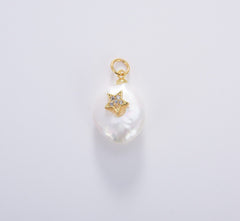 18K Gold Filled Fresh Water Pearl Star, Pearl Star Pendant, Dainty Star Charm, Micro Pave Star, Pearl Star, Charm, DIY Jewelry Making, 20x13mm, CP537