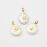 18K gold Filled Fresh Water Pearl Star, Pearl Star Pendant, Dainty Star Charm, Micro Pave Star, Pearl Star, Charm, DIY Jewelry Making, 15x11mm, CP545