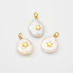 18K gold Filled Fresh Water Pearl Star, Pearl Star Pendant, Dainty Star Charm, Micro Pave Star, Pearl Star, Charm, DIY Jewelry Making, 15x11mm, CP545