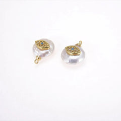 18K Gold Filled Fresh Water Pearl Evil Eye Charm, Evil Eye Necklace, Micro Pave Evil Eye, Evil Eye Pendant, Jewelry Making, 15x11mm, CP554