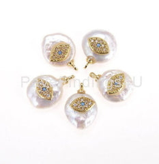 18K Gold Filled Fresh Water Pearl Evil Eye Charm, Evil Eye Necklace, Micro Pave Evil Eye, Evil Eye Pendant, Jewelry Making, 15x11mm, CP554