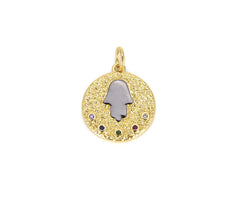 22K Gold Filled Coin Hamsa Charm, CZ Micro Pave Round Hamsa Hand Charm, Multiple CZ Hamsa Pendant, Hand Of Fatima Charm, 20x15mm, CP669