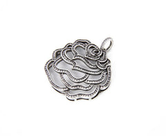 Antique Silver Rose Flower Charm Pendant CZ Micro Pave, Flower Charm, Rose Charm, Flower Pendant, Cubic Zirconia, 44x39mm, CP791