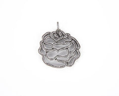 Antique Silver Rose Flower Charm Pendant CZ Micro Pave, Flower Charm, Rose Charm, Flower Pendant, Cubic Zirconia, 44x39mm, CP791