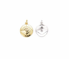 18K Gold Filled Evil Eye Coin Charm, Round Medal Evil Eye Charm CZ Micro Pave, Evil Eye Necklace, Evil Eye Pendant, 20x15mm, CP821