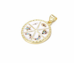 24K Gold Filled Mix Design Round Enamel Medal Charm CZ, Heart Charm, Moon Charm, Evil Eye Charm, Star Charm, Lightning Bolt Charm, 26x20mm, CP829