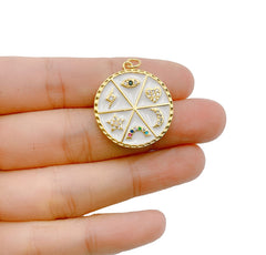 24K Gold Filled Mix Design Round Enamel Medal Charm CZ, Heart Charm, Moon Charm, Evil Eye Charm, Star Charm, Lightning Bolt Charm, 26x20mm, CP829