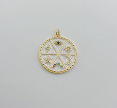 24K Gold Filled Mix Design Round Enamel Medal Charm CZ, Heart Charm, Moon Charm, Evil Eye Charm, Star Charm, Lightning Bolt Charm, 26x20mm, CP829