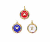 14K Gold Filled Round Medal Enamel Star Charm CZ, Over Brass Star Charm Pendant, Star Necklace Jewelry Enamel Charms, Cubic Zirconia, CP830