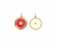 14K Gold Filled Round Medal Enamel Star Charm CZ, Over Brass Star Charm Pendant, Star Necklace Jewelry Enamel Charms, Cubic Zirconia, CP830