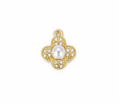 24K Gold Filled Four Leaf Clover Shell Charm CZ with Pearl, Clover Charm, Clover Pendant, Good Luck Charm, Quatrefoil Necklace, 11x10mm, CP838