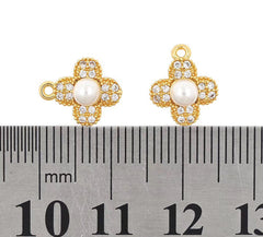 24K Gold Filled Four Leaf Clover Shell Charm CZ with Pearl, Clover Charm, Clover Pendant, Good Luck Charm, Quatrefoil Necklace, 11x10mm, CP838