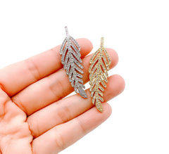 24K Gold Filled Leaf Branch Cubic Zirconia Micro Pave Charm Pendant, Feather Charm, Leaf Charm, Leaf Necklace, Charm Necklace, Cubic Zirconia, 49x14mm, CP991
