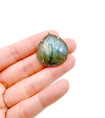 Antique 925 Sterling Silver Black CZ Labradorite Charm Pendant, Labradorite Charm, Labradorite Pendant, Labradorite Necklace, 31x27mm, CP999