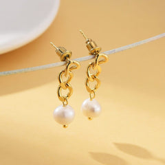 18K Gold Filled 1 pair Chain Pearl Earrings, Baroque Pearl Drop on Cuban Flat Chain Asymmetrical Earrings, Wedding Earrings, Gift for Her, ER299