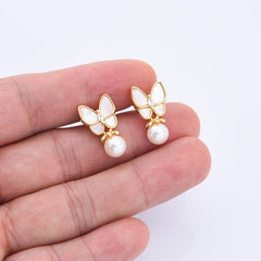 18K Gold Filled 1 Pair Elegant Freshwater Pearl Butterfly Earrings, MOP Butterfly Stud Earrings, Minimalist Wedding Earrings, Gift for Her ER302