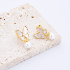 18K Gold Filled 1 Pair Elegant Freshwater Pearl Butterfly Earrings, MOP Butterfly Stud Earrings, Minimalist Wedding Earrings, Gift for Her ER302
