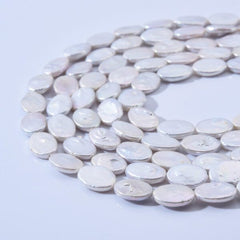 White Oval Freshwater Pearls, 7A Quality White Coin Pearl, Flat Oval Pearl Beads, Full Strand 7x14mm, FWP013
