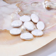 White Oval Freshwater Pearls, 7A Quality White Coin Pearl, Flat Oval Pearl Beads, Full Strand 7x14mm, FWP013