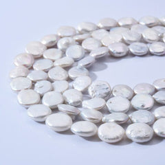 Natural White Coin Freshwater Pearl Beads, 5A Quality Pearl Beads, Genuine Cultured High Luster Quality Freshwater Coin Pearls, Full Strand 14mm, FWP014