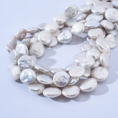 Natural White Coin Freshwater Pearl Beads, 5A Quality Pearl Beads, Genuine Cultured High Luster Quality Freshwater Coin Pearls, Full Strand 14mm, FWP014