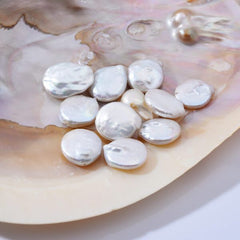 Natural White Coin Freshwater Pearl Beads, 5A Quality Pearl Beads, Genuine Cultured High Luster Quality Freshwater Coin Pearls, Full Strand 14mm, FWP014