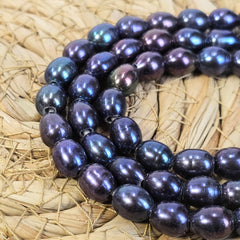 Blue Peacock Color Oval/Rice Freshwater Pearls, High Quality/Luster Blue Peacock Long Oval Large Hole Pearls, 8-9mm, FWP039