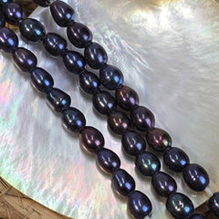 Blue Peacock Color Oval/Rice Freshwater Pearls, High Quality/Luster Blue Peacock Long Oval Large Hole Pearls, 8-9mm, FWP039