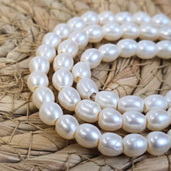 White Rice Fresh water Pearl Gemstone beads, Full 7.5” Strand of Rice Shaped Pearls, Large Hole Pearl Beads, 6-7mm, FWP041