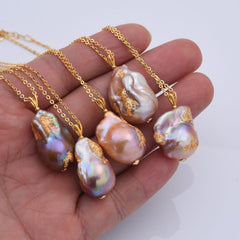 18K Gold Filled Freshwater Pearl Baroque Necklace, Natural Irregular Iridescent Pearl Cable Chain, Peacock Pearl Necklace, NL015