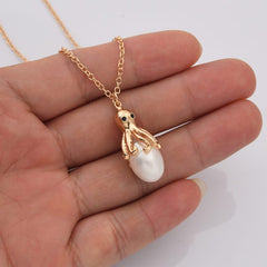 18K Gold Filled Freshwater Pearl Octopus Necklace, Natural Oval Pearl Ocean Animals Pendant Necklace, Birthday Gift for Her, NL017