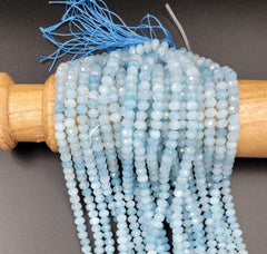 AAA Natural Blue Aquamarine Stone Bead, Faceted 6x5mm Aquamarine Roundell Shape, Beautiful Natural Blue Color, 15.5″ Full Strand, PRP646