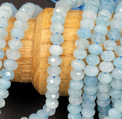 AAA Natural Blue Aquamarine Stone Bead, Faceted 6x5mm Aquamarine Roundell Shape, Beautiful Natural Blue Color, 15.5″ Full Strand, PRP646