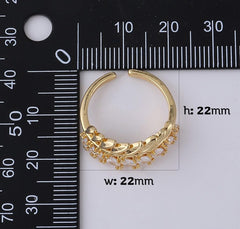 18K Gold Filled Rhinestone Leaf Fashion Ring, Adjustable Ring, CZ Micro Pave Ring, Minimalist Stackable Ring, Statement Ring, 22x22mm, RG195