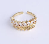 18K Gold Filled Rhinestone Leaf Fashion Ring, Adjustable Ring, CZ Micro Pave Ring, Minimalist Stackable Ring, Statement Ring, 22x22mm, RG195