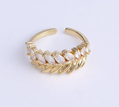 18K Gold Filled Rhinestone Leaf Fashion Ring, Adjustable Ring, CZ Micro Pave Ring, Minimalist Stackable Ring, Statement Ring, 22x22mm, RG195