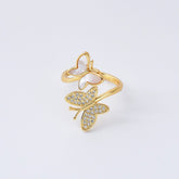 18K Gold Filled Dainty Double Butterfly Twist Open Ring, Double Butterfly Shell Pearl Ring, Adjustable Mother Of Pearl CZ Butterfly Ring, RG209