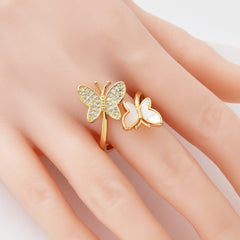 18K Gold Filled Dainty Double Butterfly Twist Open Ring, Double Butterfly Shell Pearl Ring, Adjustable Mother Of Pearl CZ Butterfly Ring, RG209