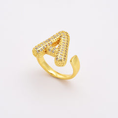 18K Gold Filled Dainty Balloon Initial Letter Ring, Bubble Alphabet Letter Ring, Open Adjustable CZ Ring, RG211