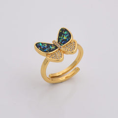 18K Gold Filled Dainty Opal Butterfly Monarch Ring, Abalone Shell Butterfly Pendant, Open Adjustable Mother of Pearl Butterfly Charm, RG216