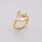18K Gold Filled Shell Fishtail Ring with Half Perforated Pearl Holder, Mermaid Tail Open Ring, Stylish Open Ring, Whale Tail Pearl Ring, RG217