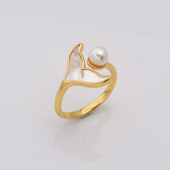 18K Gold Filled Shell Fishtail Ring with Half Perforated Pearl Holder, Mermaid Tail Open Ring, Stylish Open Ring, Whale Tail Pearl Ring, RG217